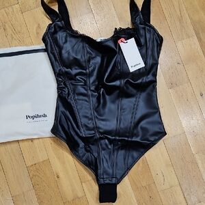 Popilush Black Faux leather Bodysuit